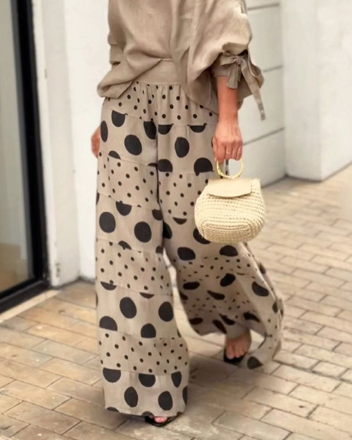 Top Spalla Casual e Pantaloni Stampati Set Due Pezzi