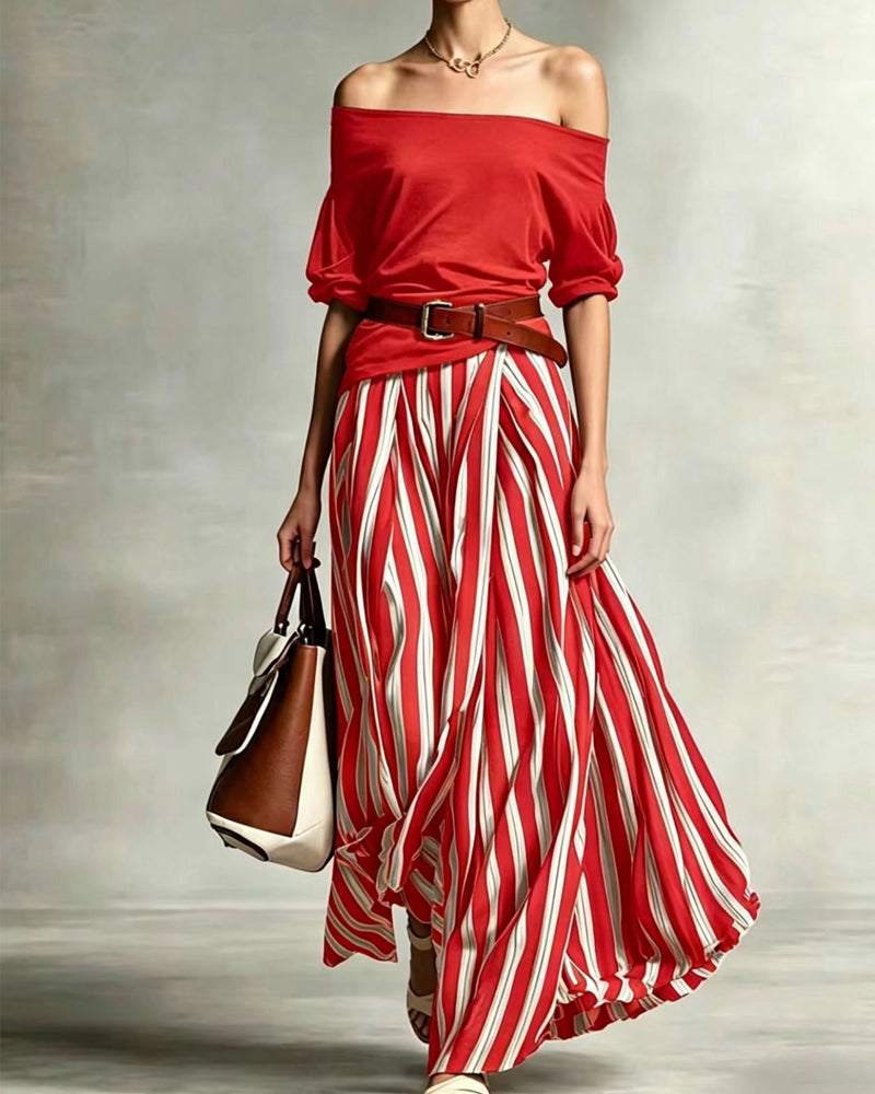 MADISON | Set Gonna Maxi a Strisce con Top Off-Shoulder