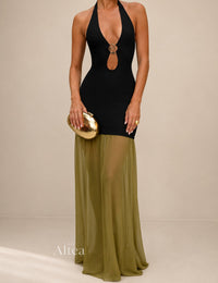 Nerea Vestito Maxi Halter con Dettagli in Contrasto