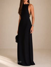 Dalia Vestito Maxi Nero con Dettaglio di Catena Dorata