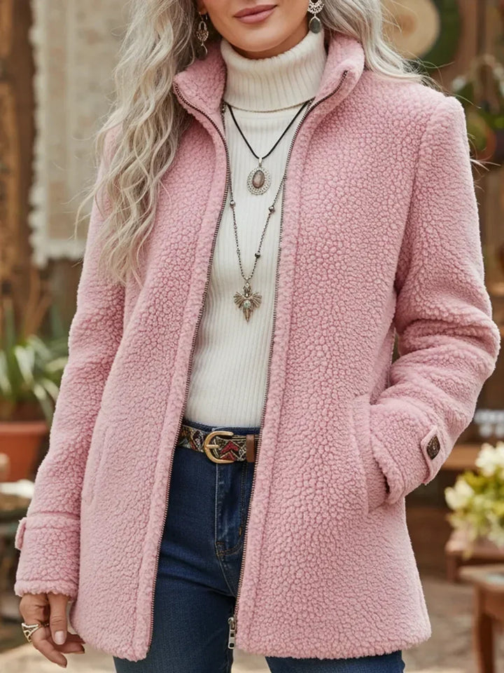 Carissa - Giacca con zip completa in tessuto simile a lambswool con colletto rialzato