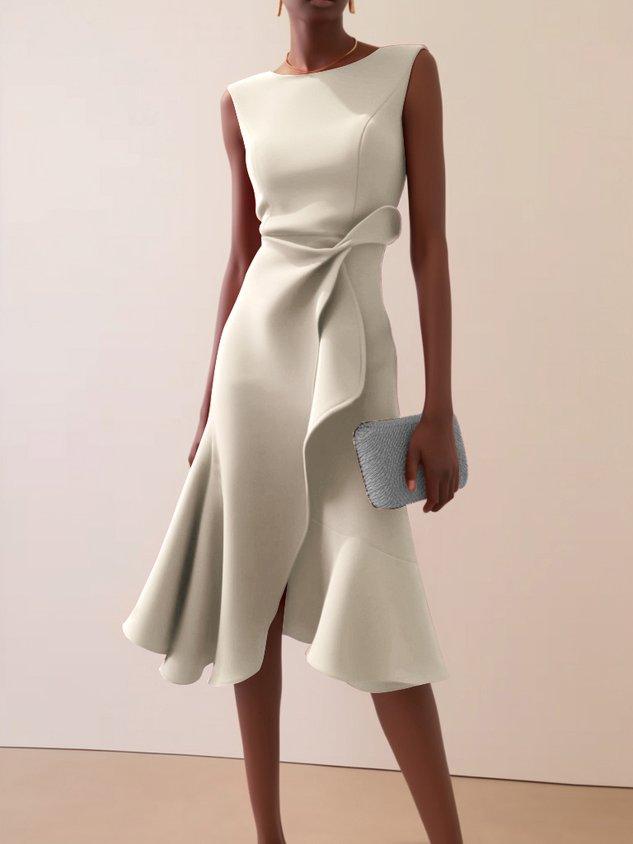 Abito Elegante Midi Rosso Senza Maniche con Nodo in Vita per Giorno e Notte