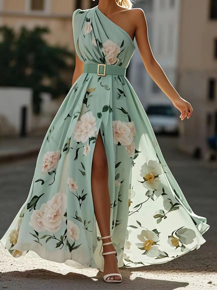 Abito Maxy in Chiffon Verde Chiaro a Fiori con Spalla Scoperta