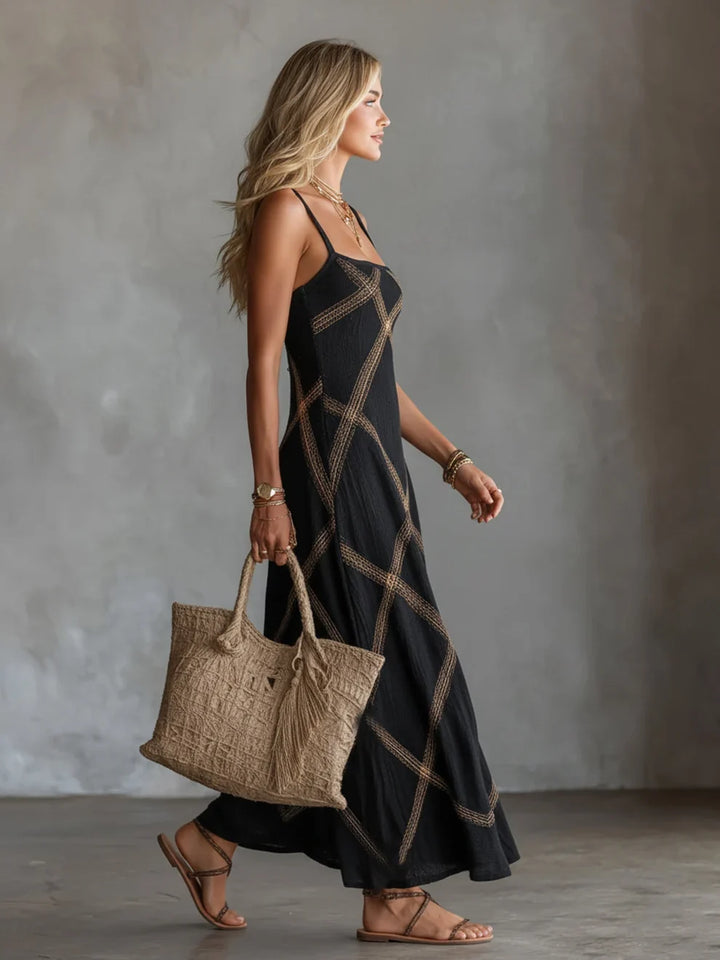 Melisa Vestito Maxi Geometrico con Scollatura Quadrata