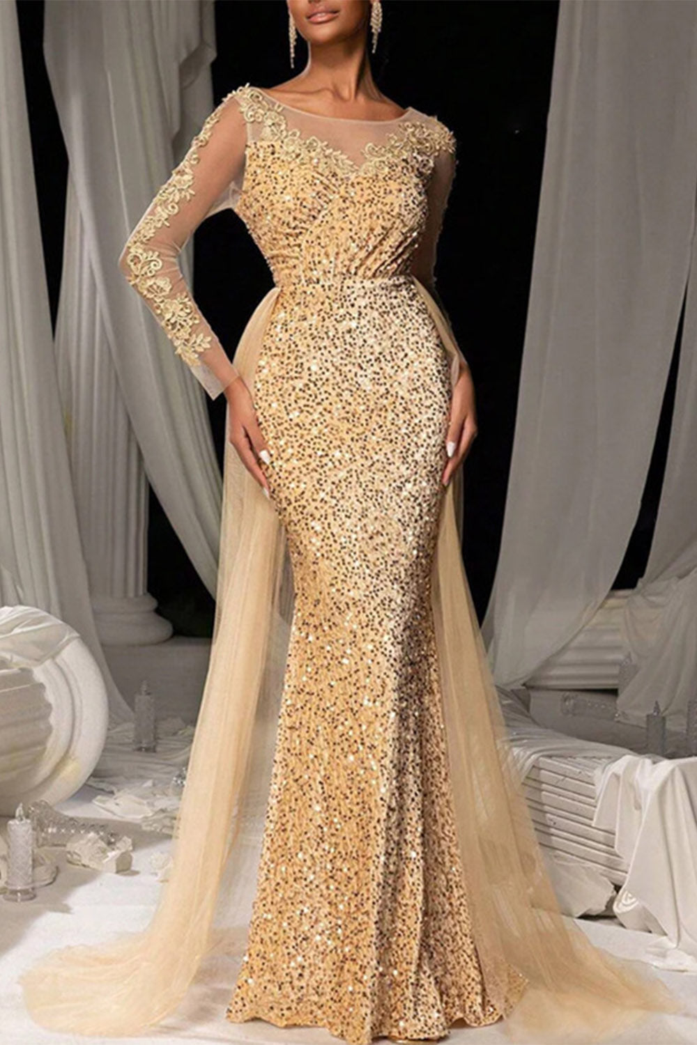 Abito da Sera in Pizzo con Paillettes e Tulle Marrone Scuro