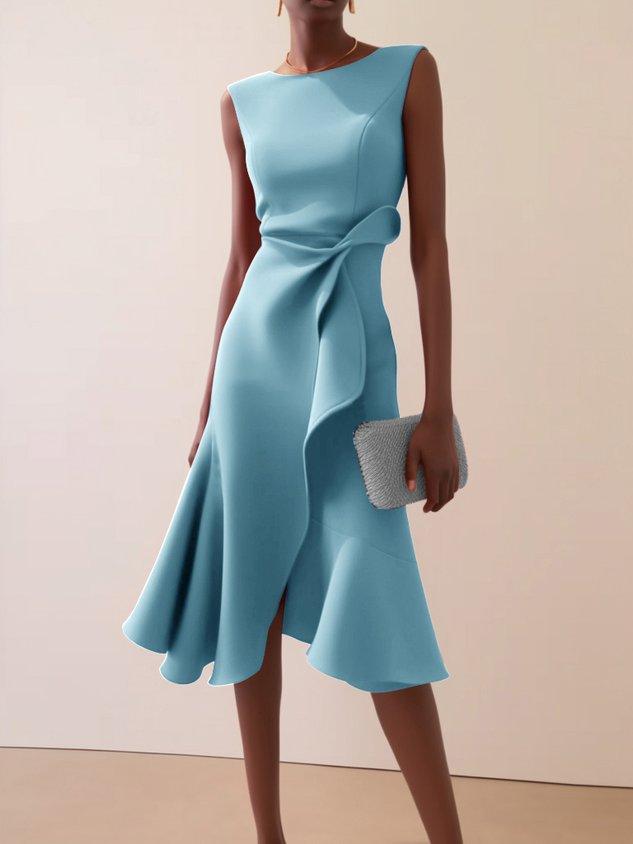 Abito Elegante Midi Rosso Senza Maniche con Nodo in Vita per Giorno e Notte