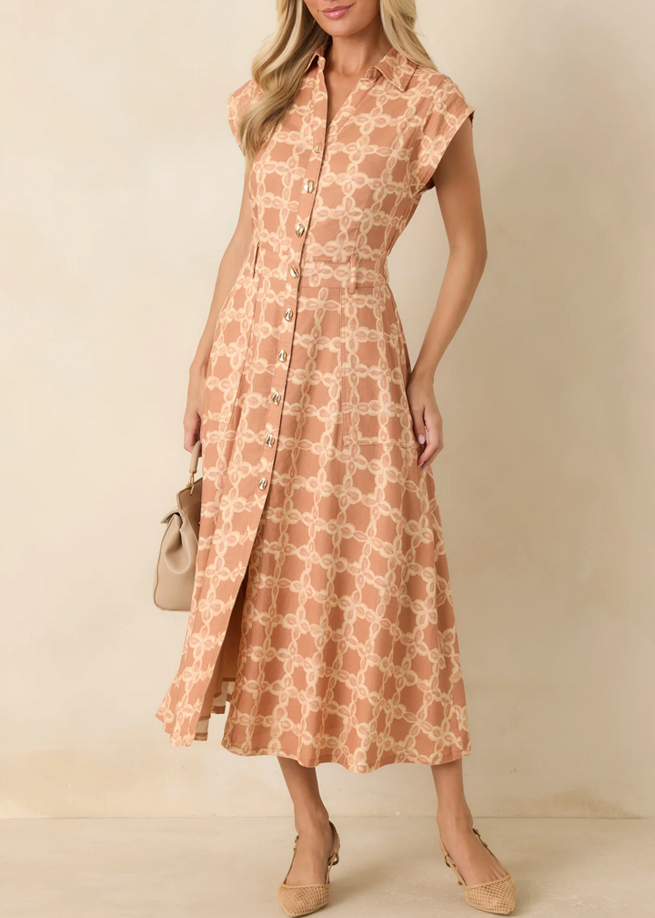 Abito Midi Elegante con Stampa Floreale Albicocca