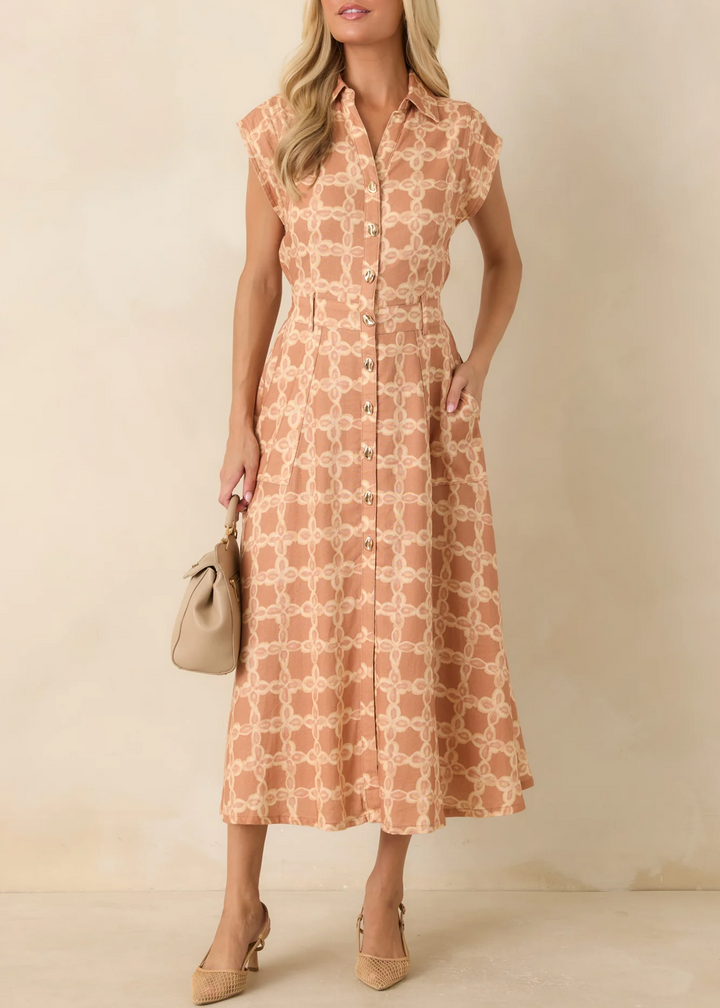 Abito Midi Elegante con Stampa Floreale Albicocca