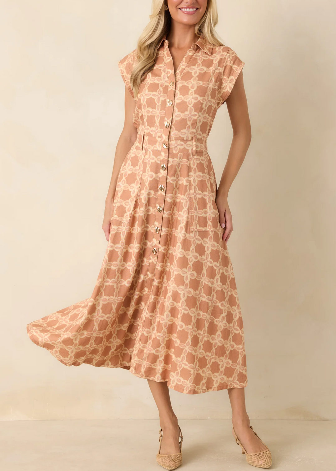 Abito Midi Elegante con Stampa Floreale Albicocca