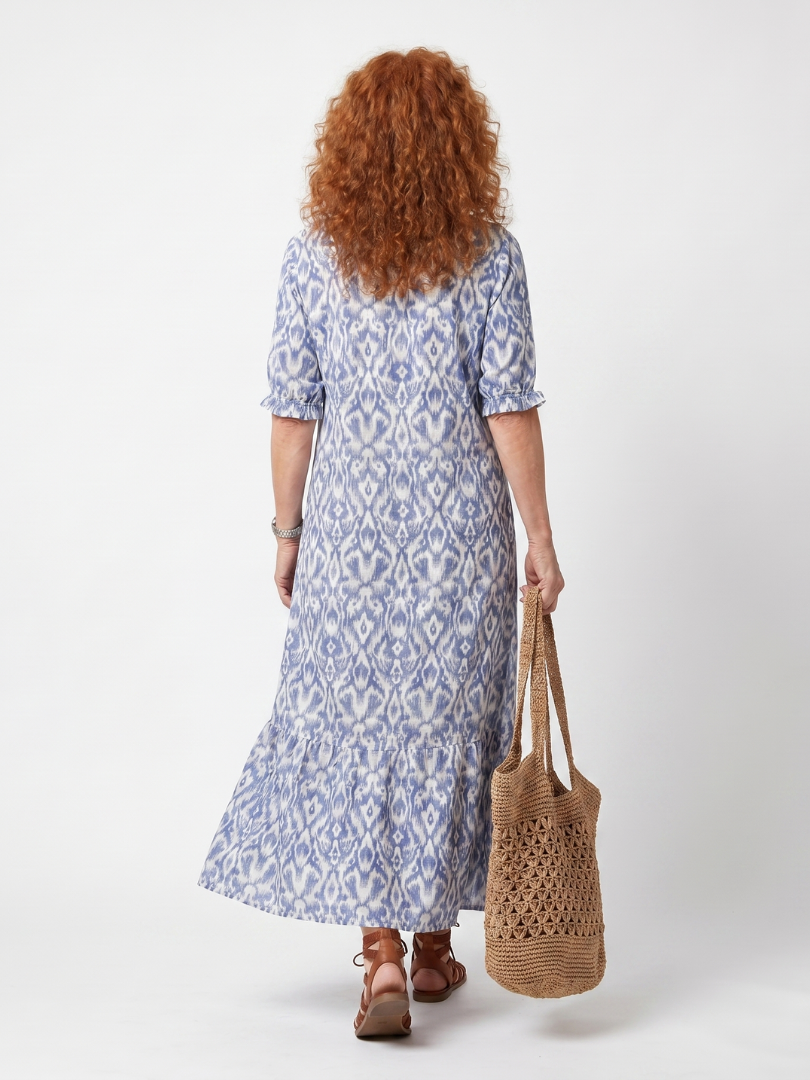 Ottoline | Vestito Midi Stampato con Collo a Nastro e Frange