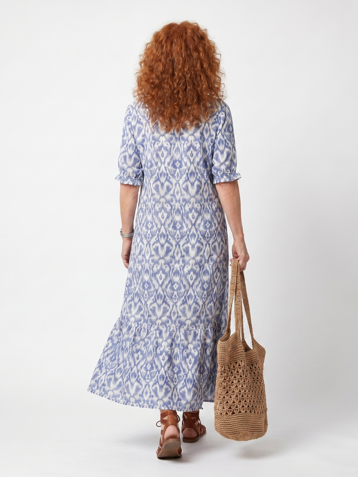 Ottoline | Vestito Midi Stampato con Collo a Nastro e Frange