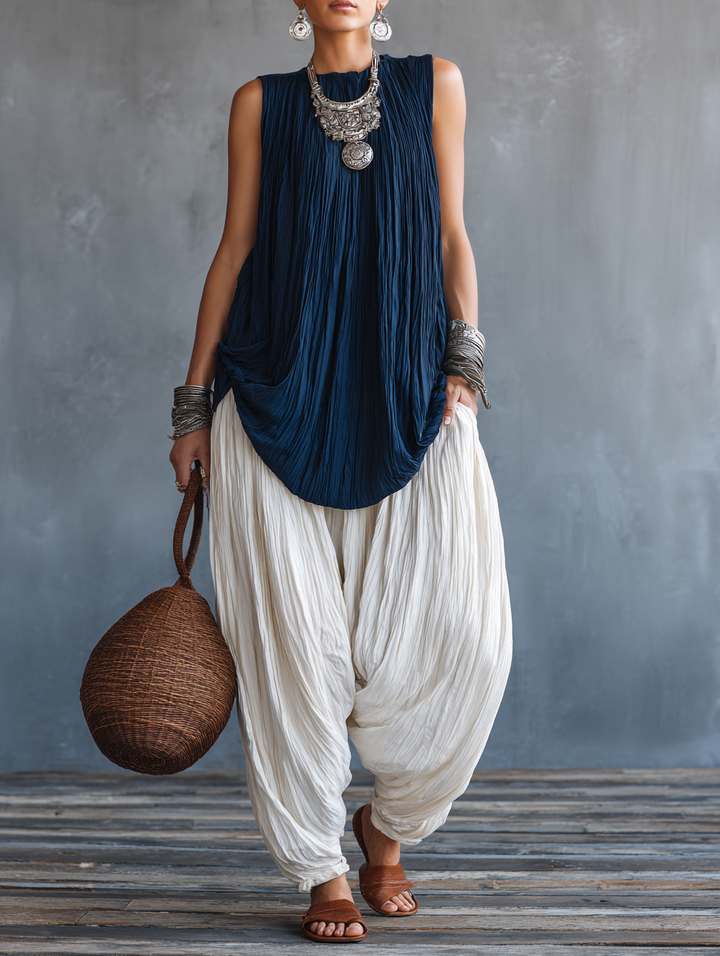 Top Plissettato Senza Maniche e Pantaloni a Lanterna Set Due Pezzi Largo e Casual