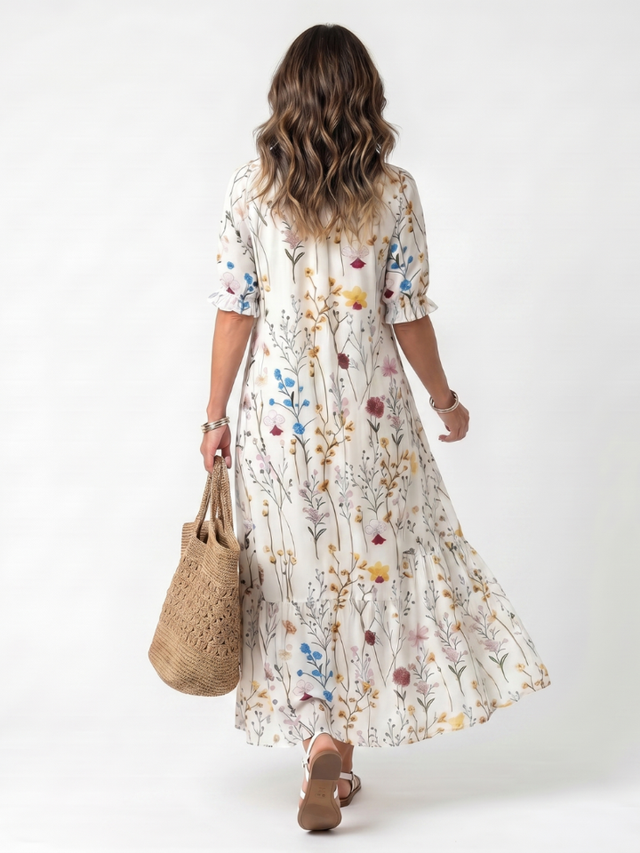 Sylvie | Abito Midi con Stampa Botanica e Fiocchi