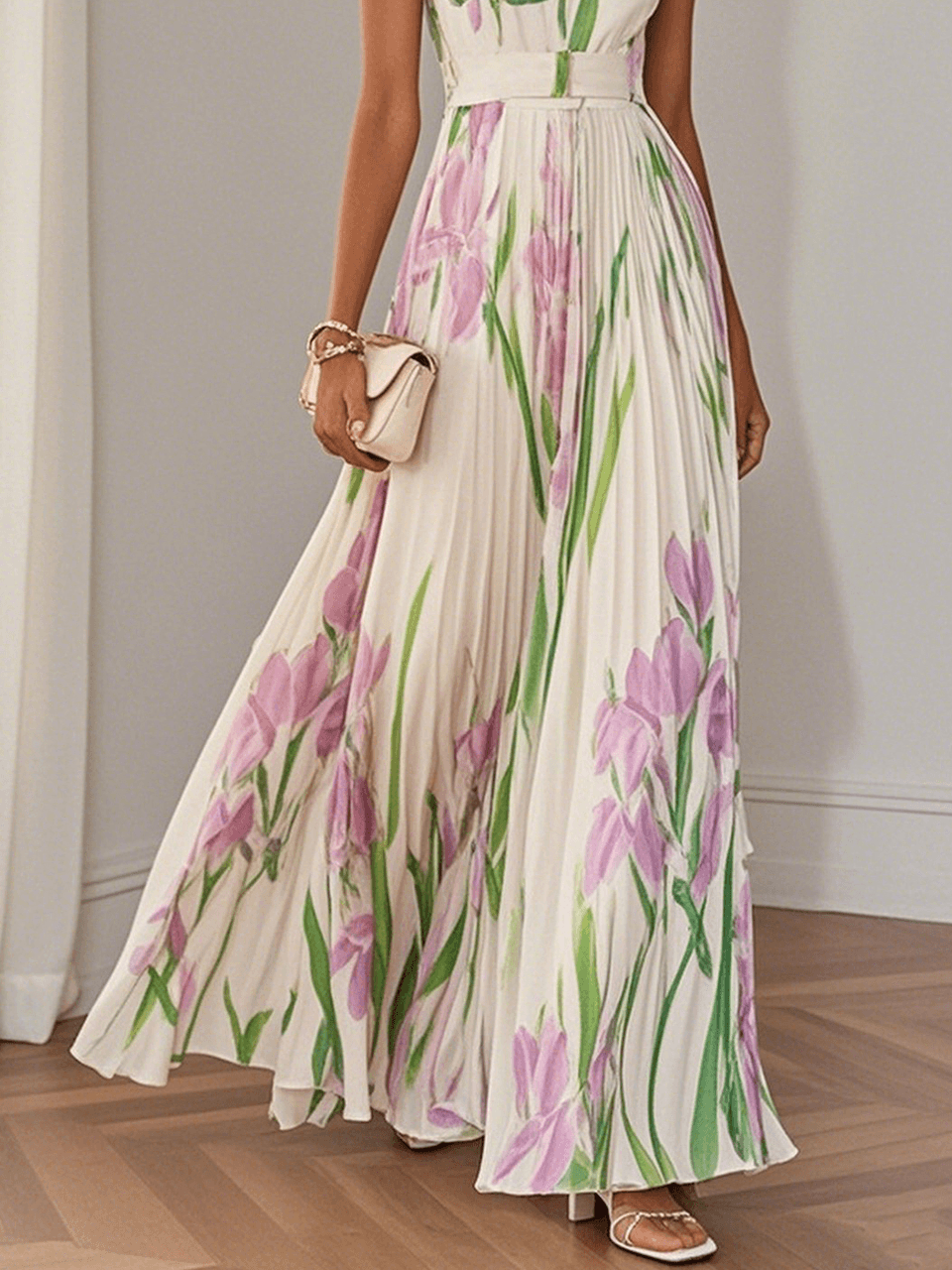 Abito Maxi A-Line Senza Maniche in Chiffon Foderato Bianco a Pieghe con Fantasia Floreale