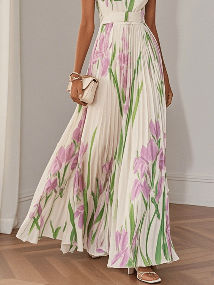 Abito Maxi A-Line Senza Maniche con Collo Quadrato in Chiffon a Fiori Pieghettato