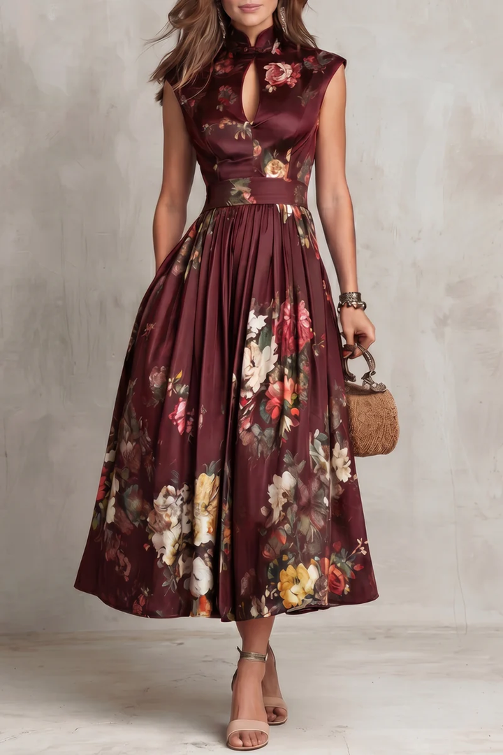 Abito Midi in Satin Pieghettato con Collo a Chiave Nera