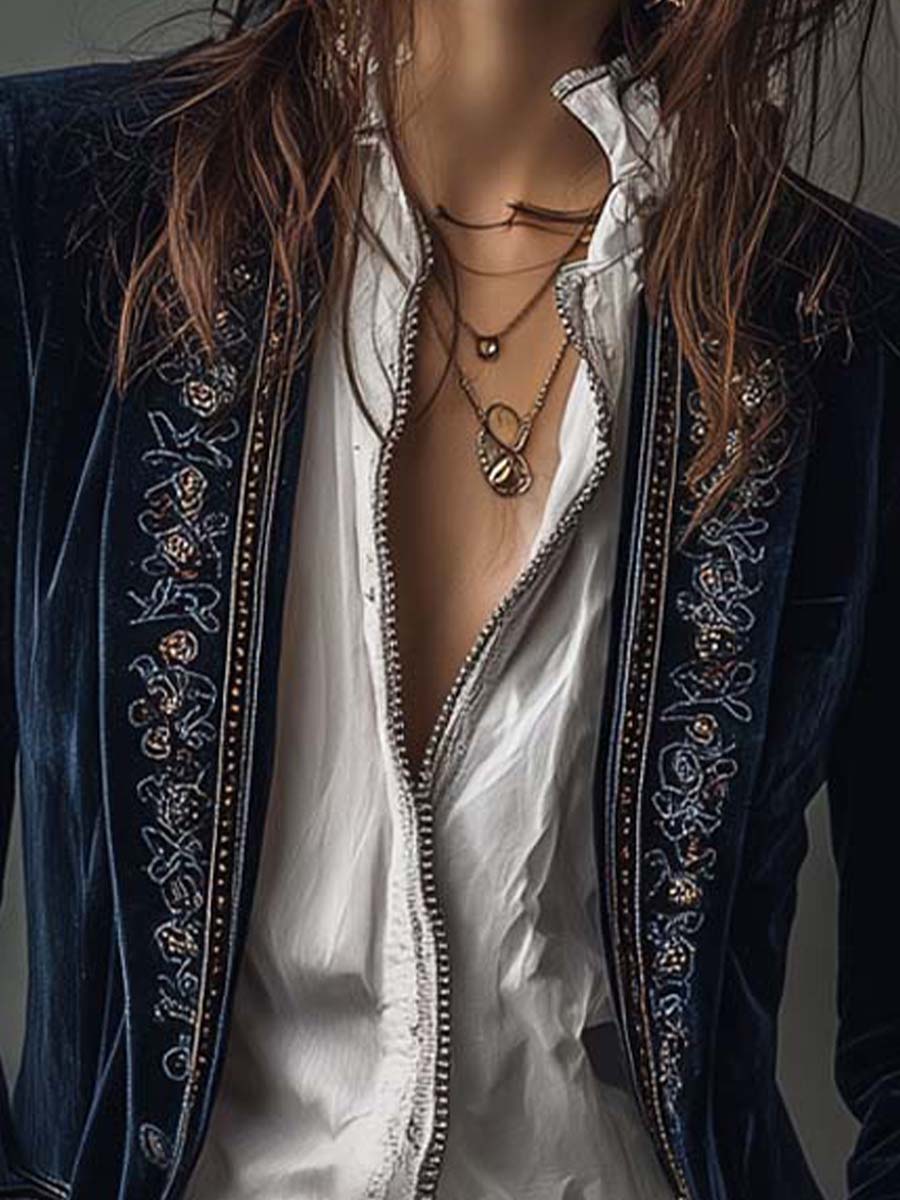 Giacca Lunga Vintage Ricamata da Donna in Blu Navy