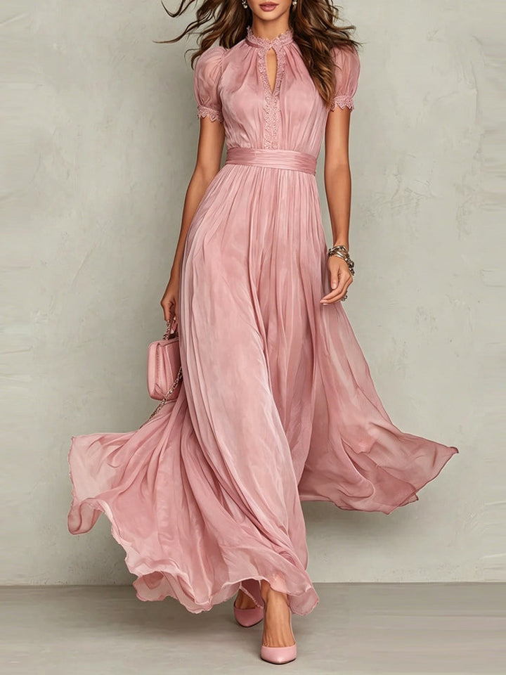 Abito Maxi in Chiffon con Dettaglio a Collo a Chiave Viola