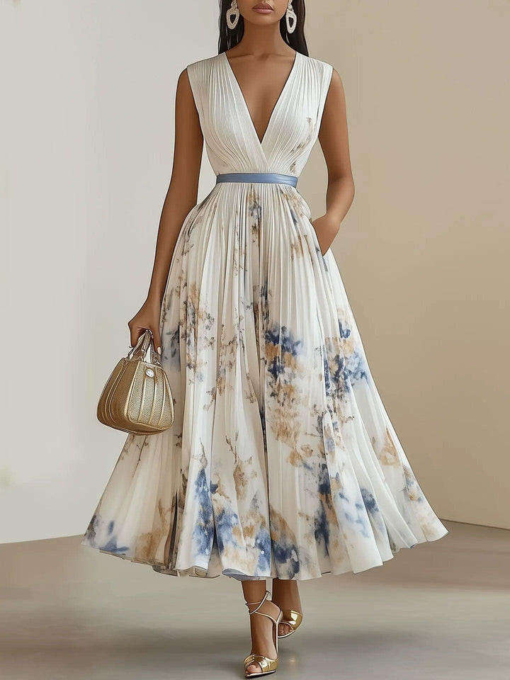 Abito Midi A-Line Senza Maniche in Chiffon Bianco Pieghettato con Fiori