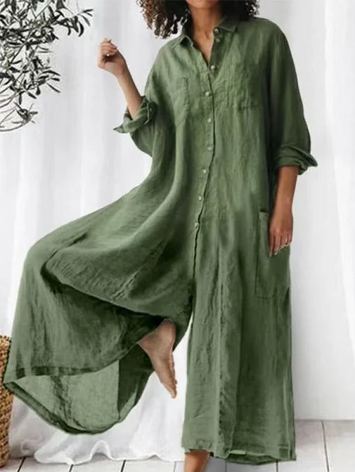 Salopette Casual Semplice con Collo a Revers e Gamba Larga