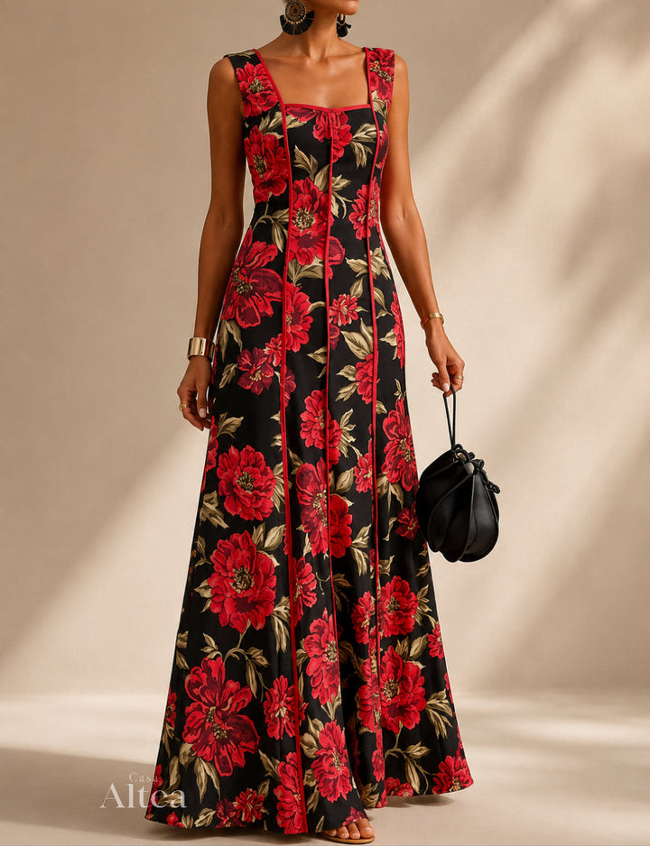 Valeria Vestito Maxi Floreale con Scollatura Quadrata
