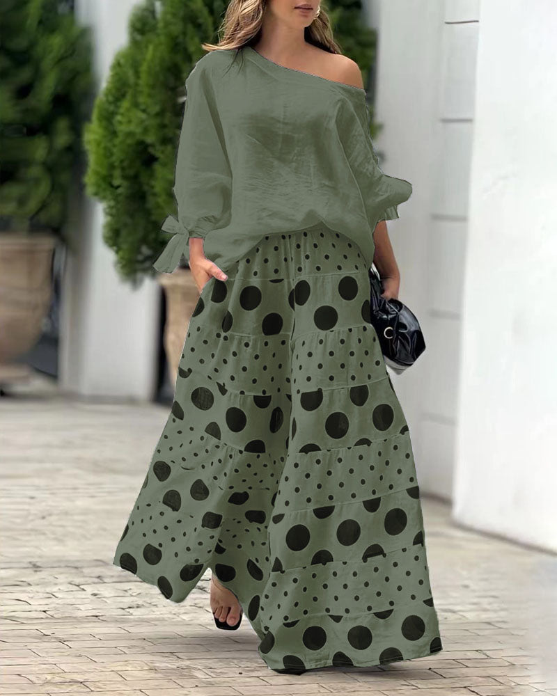 Completo Due Pezzi Top Spalla Scoperta & Pantaloni Stampati