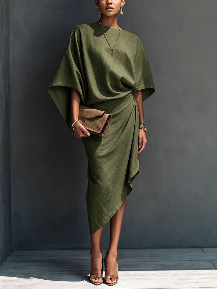 Abito midi asimmetrico drappeggiato color khaki a maniche corte