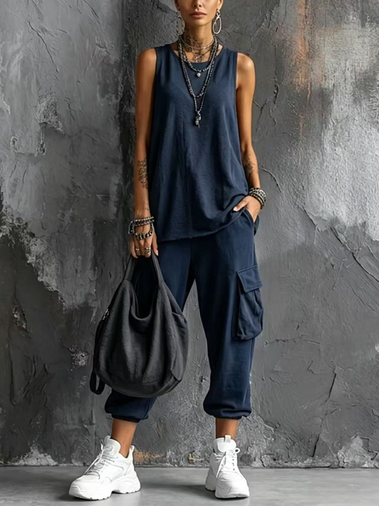 Completo Casual Gilet Grigio Scuro e Pantaloni Cargo Jogger