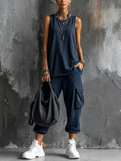 Completo Casual Gilet Grigio Scuro e Pantaloni Cargo Jogger