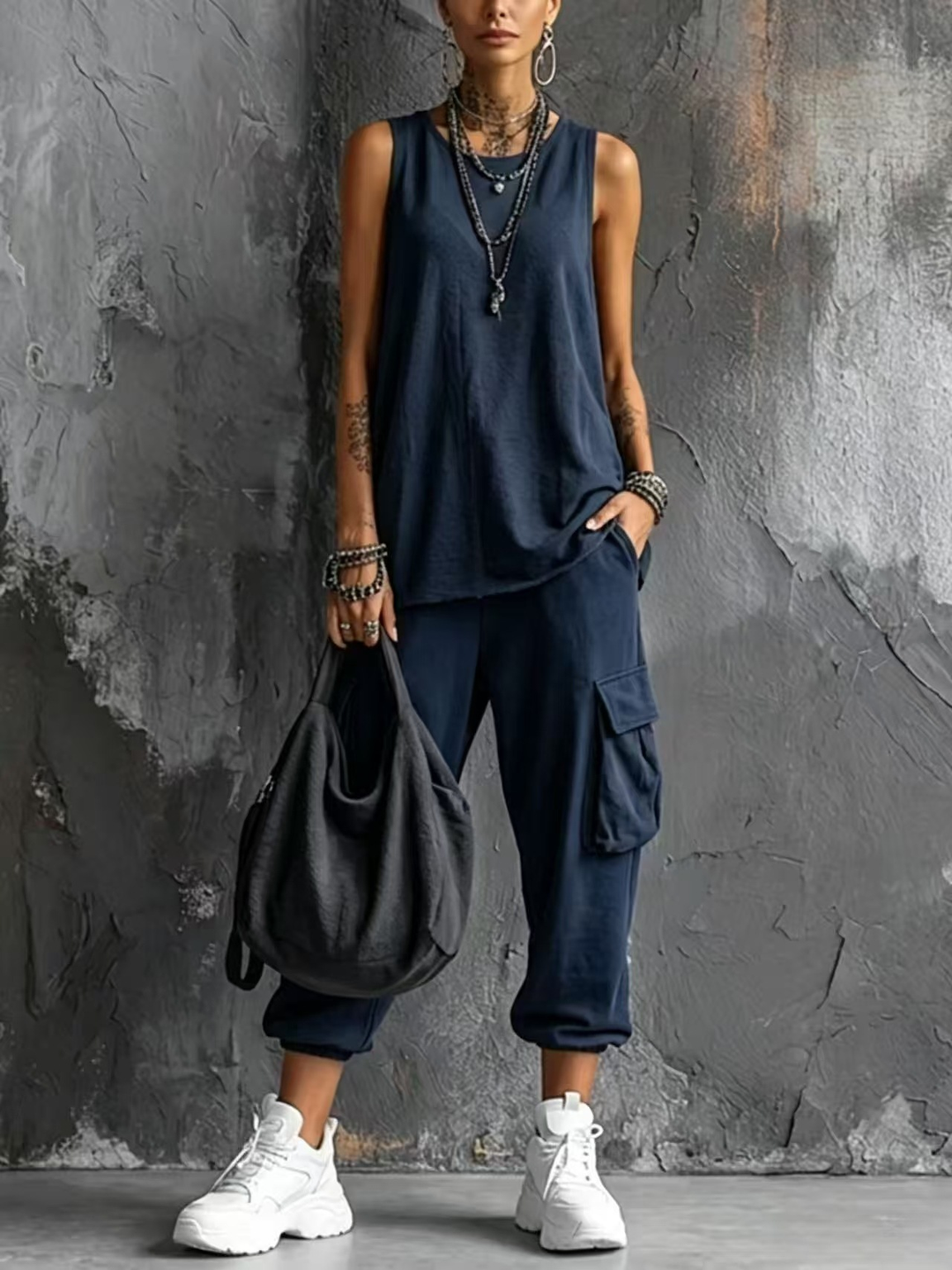 Completo Casual con Gilet Grigio Scuro e Pantaloni Cargo Jogger
