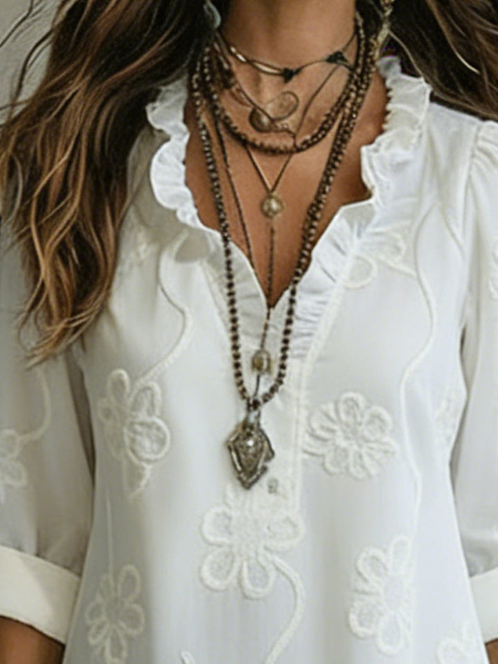 Abito Midi con Collo Ruffle a Stampa Floreale Elegante