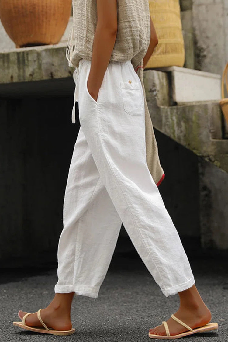 Pantaloni Casual Larghi in Cotone e Lino a Colore Unito