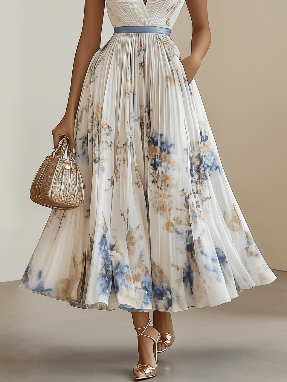 Abito Midi A-Line Senza Maniche in Chiffon Bianco Pieghettato con Fiori