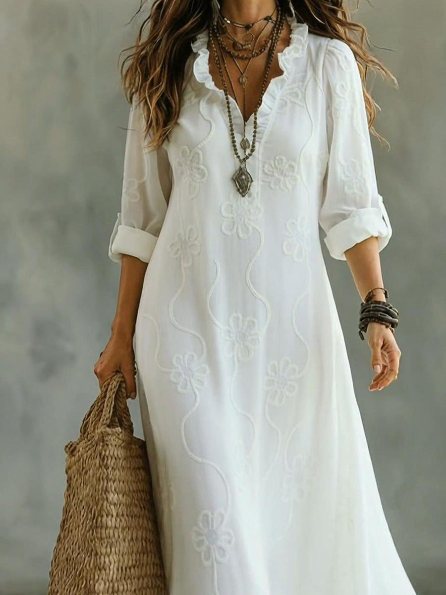 Abito Midi con Collo Ruffle a Stampa Floreale Elegante