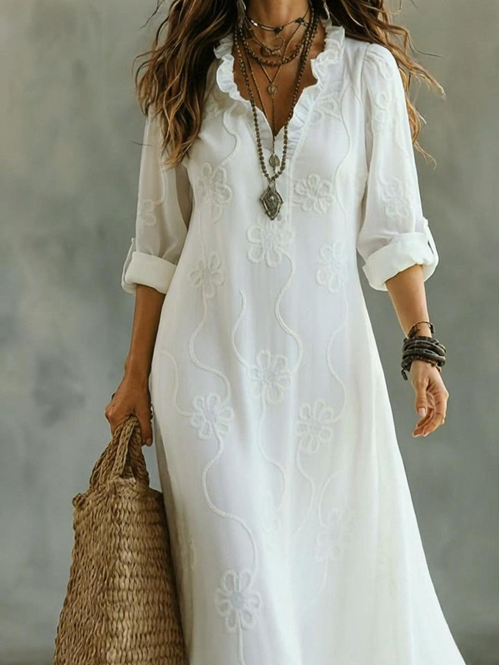 Abito Midi con Colletto Ruffle e Stampa Floreale Elegante