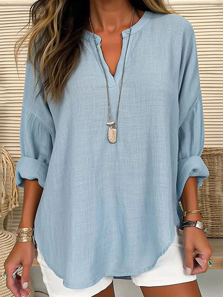 Blusa Casuale Lunga a Maniche Lunghe con Scollo a V di Colore Solido