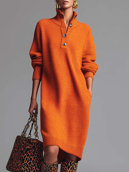 Abito Midi a Maglia Arancione con Collo a Revers e Bottoni Frontali