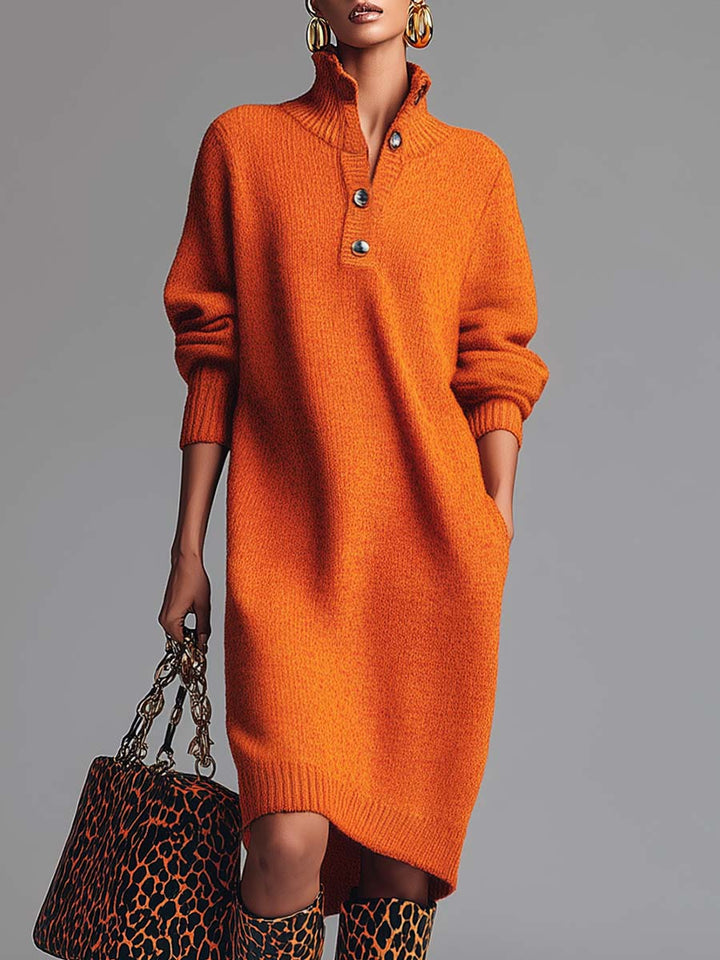 Abito Midi a Maglia Arancione con Collo a Revers e Bottoni Frontali