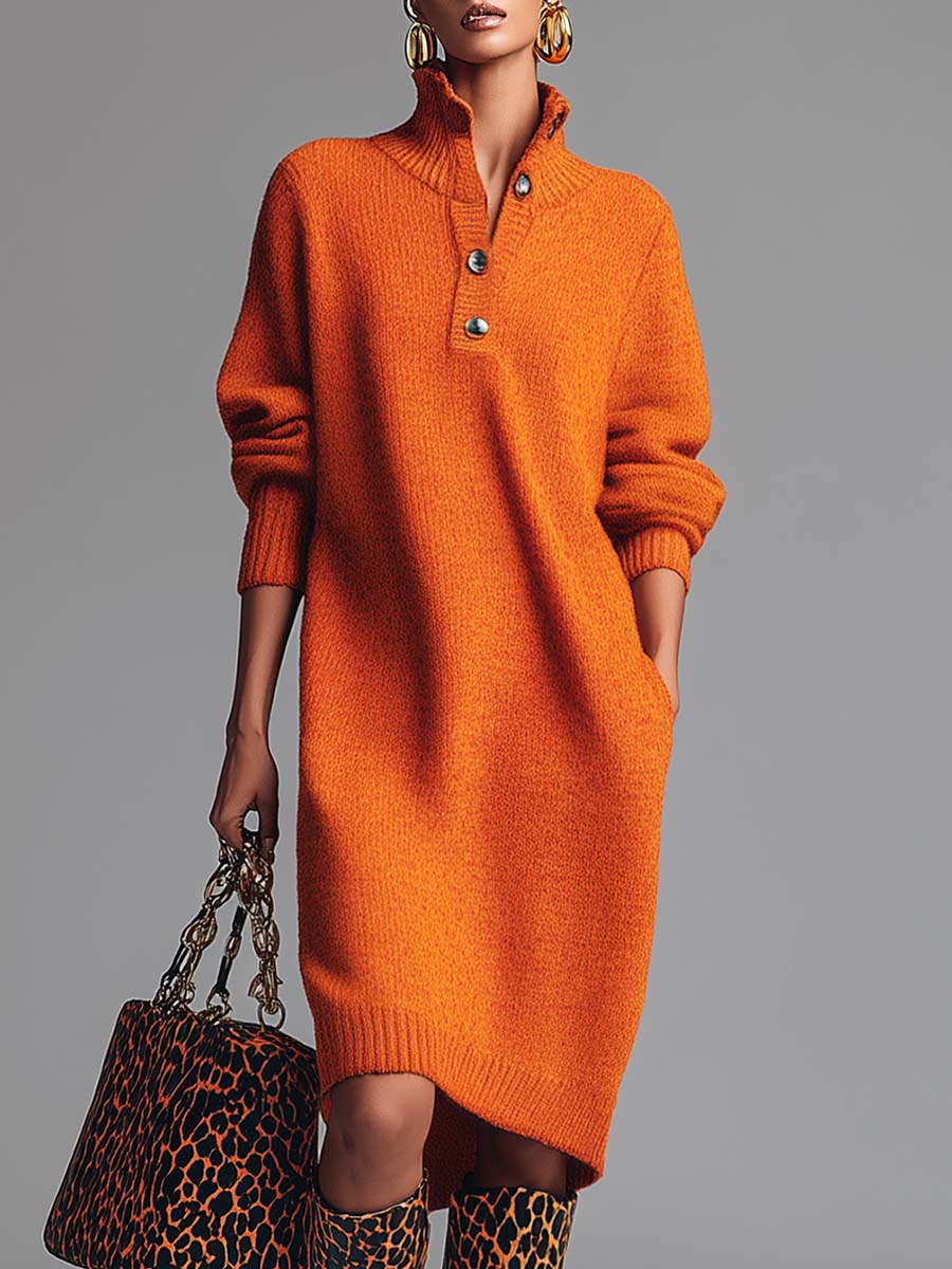 Abito Midi in Maglia con Bottoni Frontali e Rever Arancione