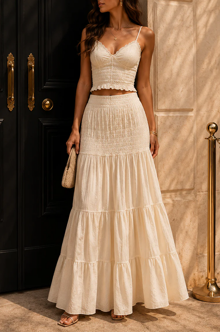 Set di Abito Maxi A Linea con Spalline Bianche Arricciato