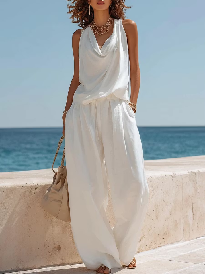 Set Coordinato Pantaloni a Gamba Larga e Top Senza Maniche Bianco