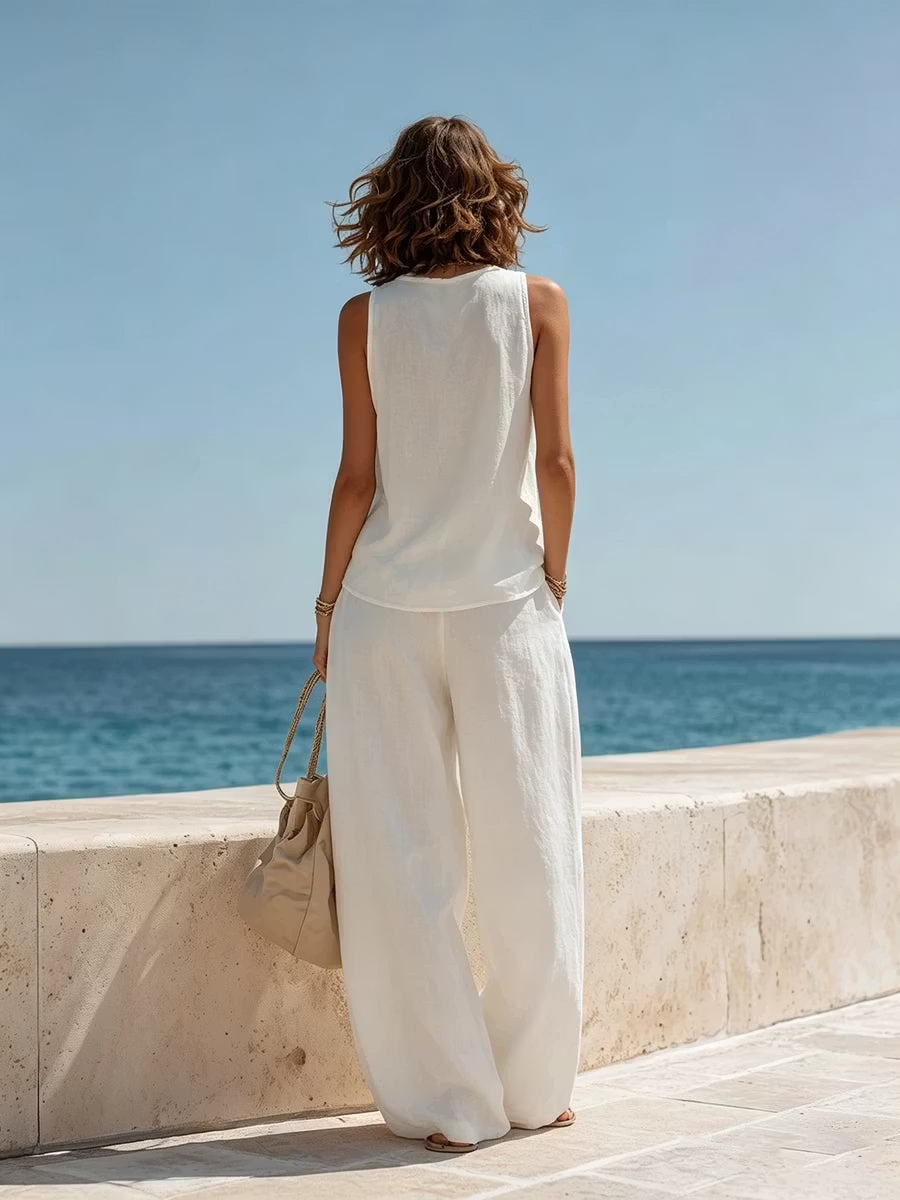 Set Coordinato Pantaloni a Gamba Larga e Top Senza Maniche Bianco