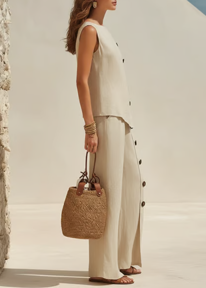 Set Top con Dettagli a Bottone e Pantaloni a Gamba Larga Beige