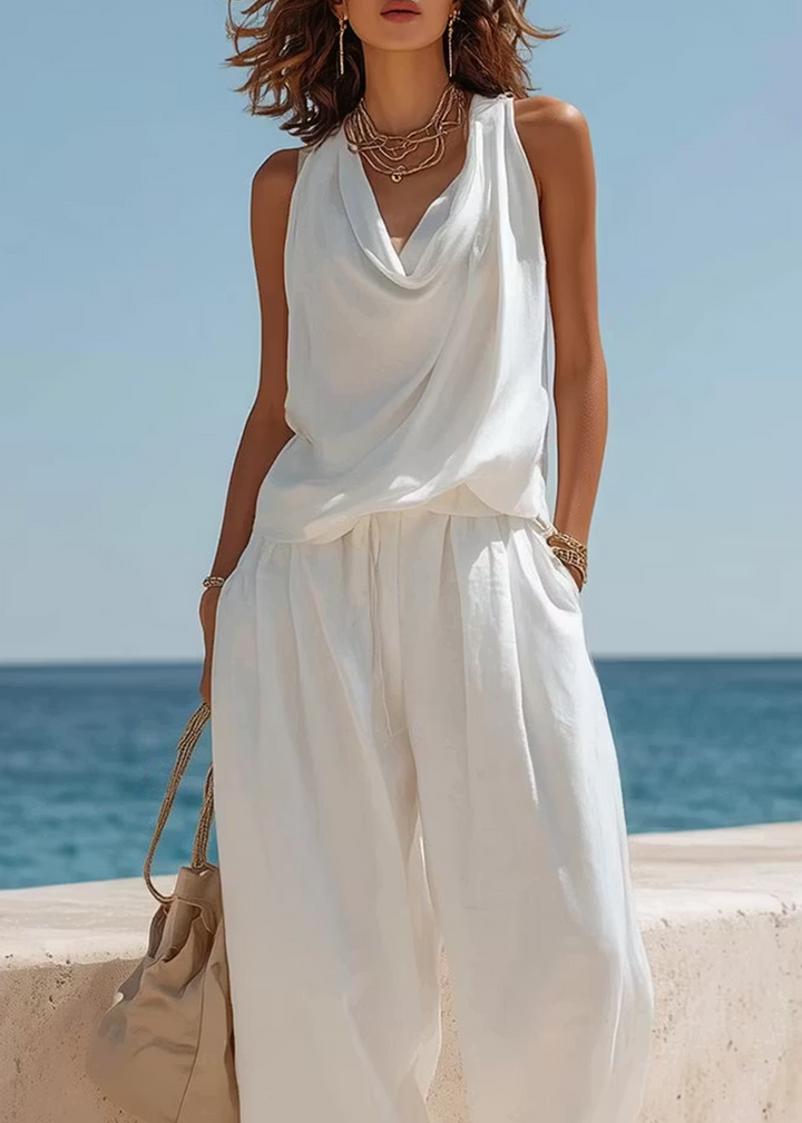 Set Coordinato Pantaloni a Gamba Larga e Top Senza Maniche Bianco
