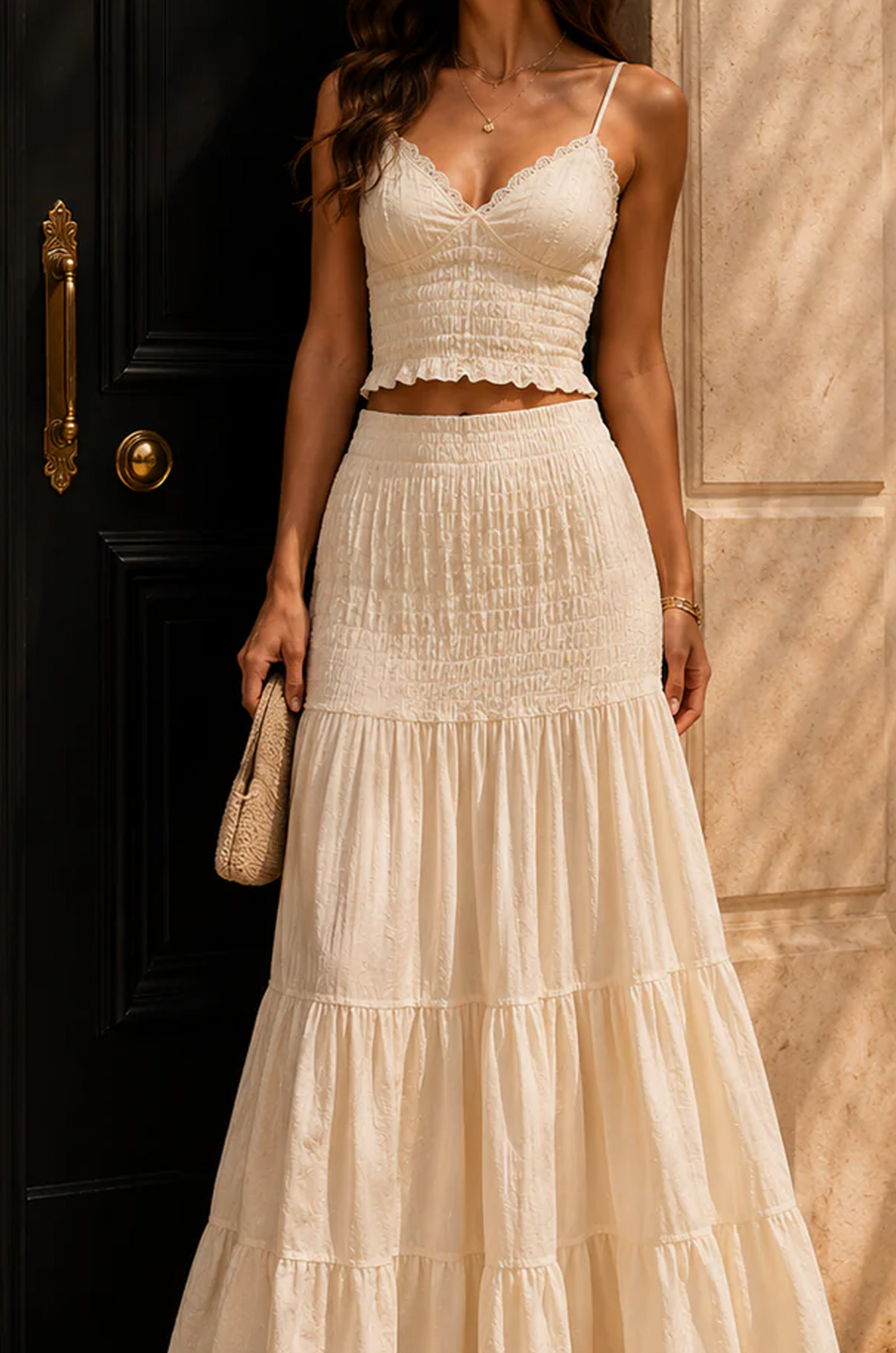 Set di Abito Maxi A Linea con Spalline Bianche Arricciato