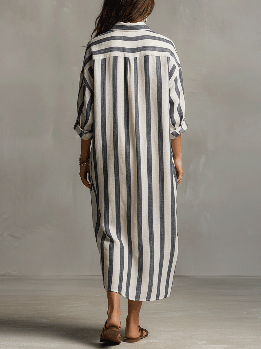 Abito Maxi Stile Bohemien con Camicia a Righe Casual