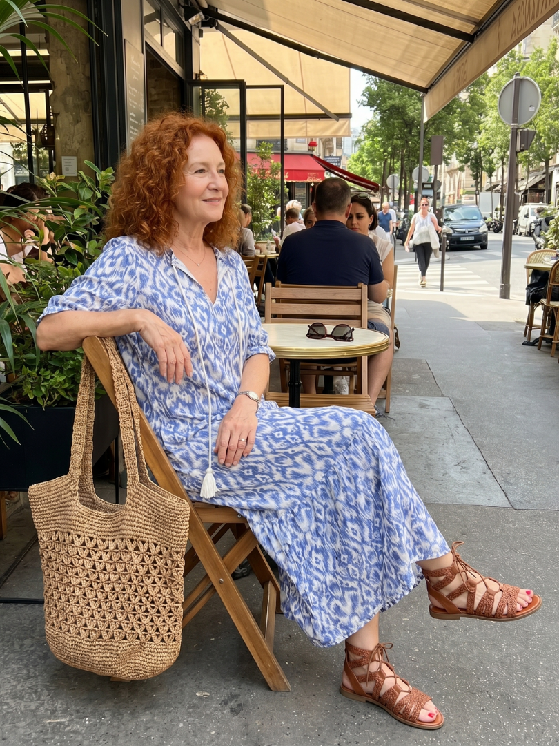 Ottoline | Abito Midi Stampato con Collo a Nastro e Frange