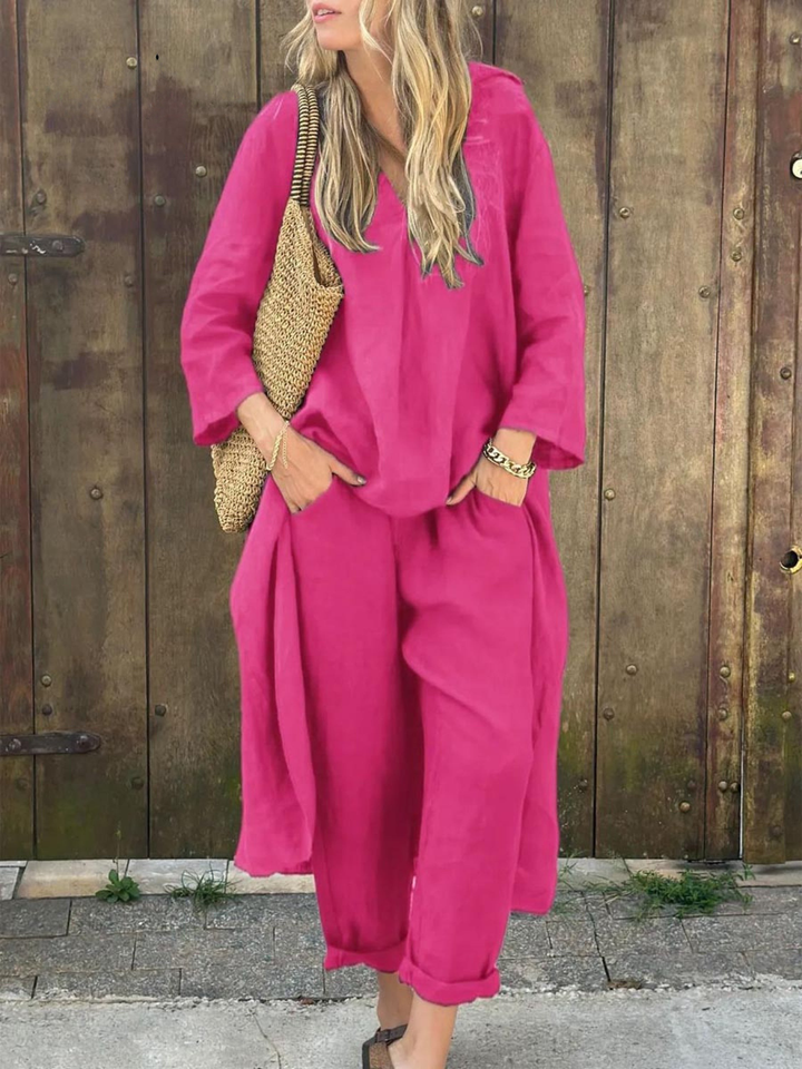 Set Top a V Scollo Irregolare in Lino e Pantaloni Ampi a Vita Alta con Tasche
