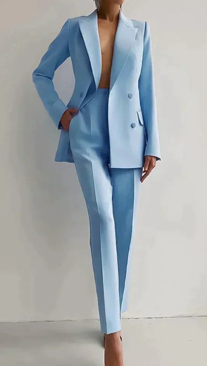 Blazer e Pantaloni a Vita Alta di Colore Solido per Commuting Casual