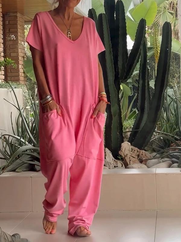 Tuta Casual con Collo a V in Colore Unito